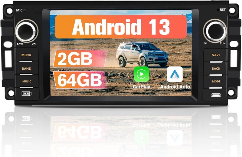 Pyniro Android 13 2GB+64GB Car Radio Stereo for Jeep Wrangler 2007-2018/for Dodge Ram 1500/2500/3500 with Wireless Carplay & Android Auto/Mirror Link/WiFi/FM/Rear Camera, Support SWC/Bluetooth - Image 1